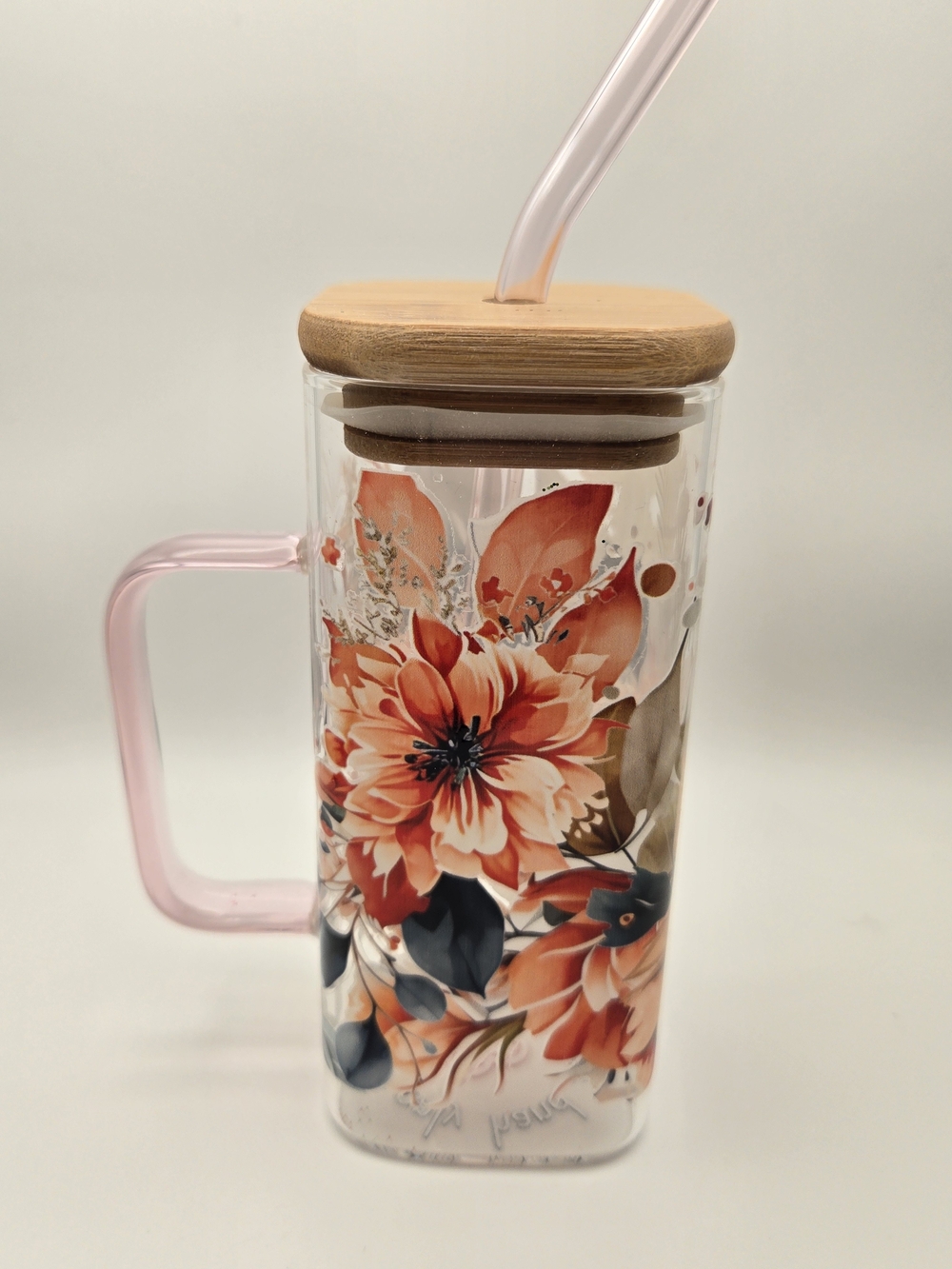 Floral  Glass Tumbler with Pink Handle and Bamboo Lid